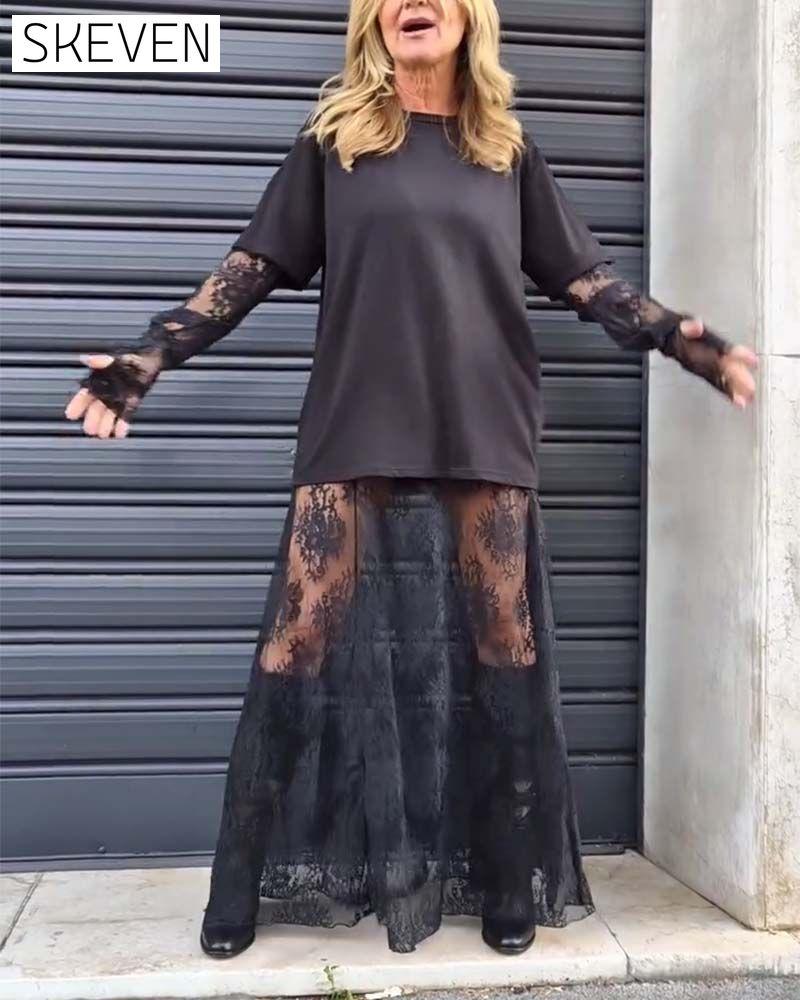 Ensemble deux pièces - t-shirt uni et jupe en dentelle