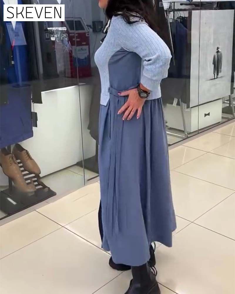 Casual Color-Blocked Round Neck Dress