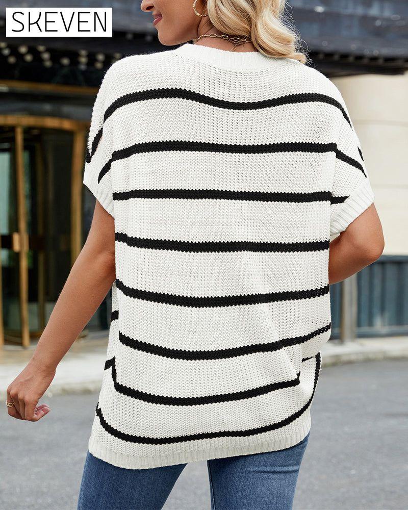 Striped Drop Shoulder Short Sleeve Sweater