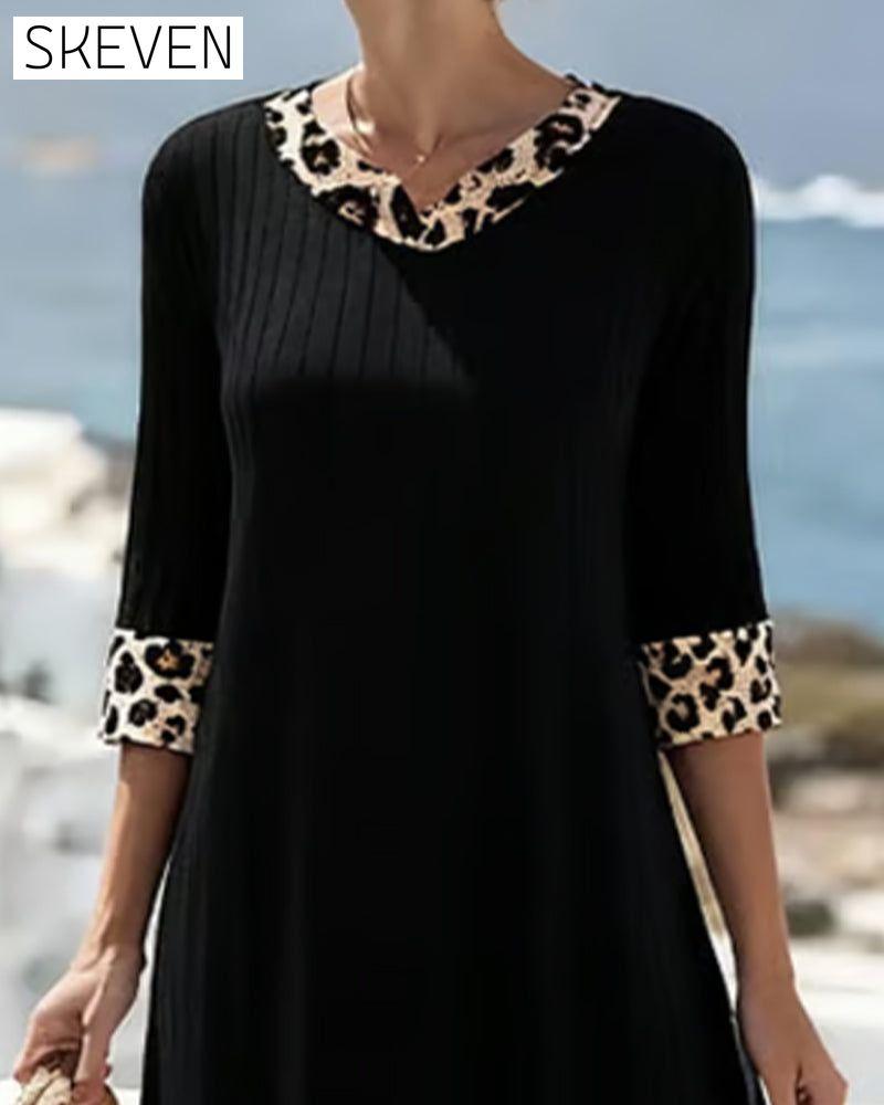 Elegantes Maxikleid mit Leopardenmuster und Patchwork-Optik