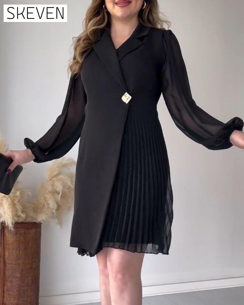 Pleated lapel long-sleeved dress