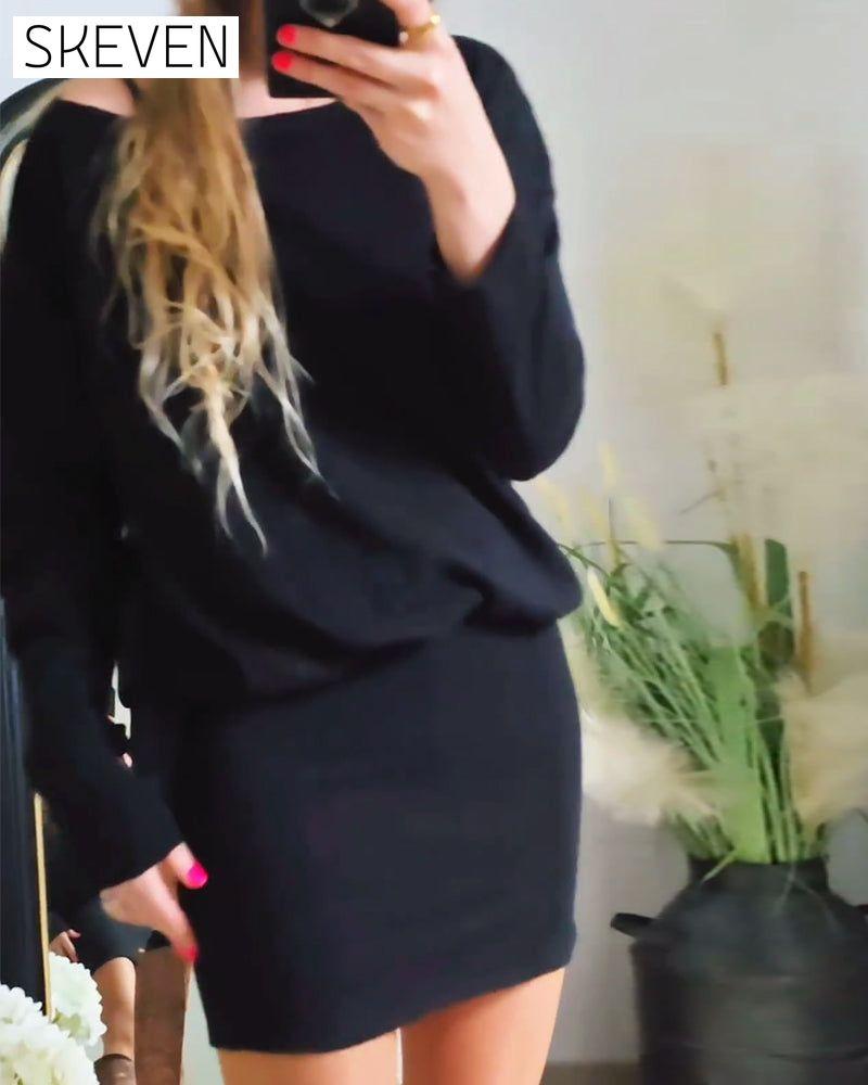 Modisches, einfarbiges Kleid mit Rundhalsausschnitt, hüftbetontem Schnitt und langen Ärmeln