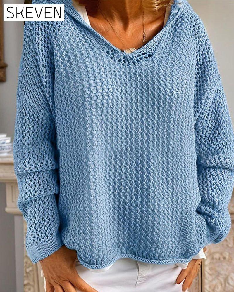 Damen Häkel-Kapuzenoberteile mit langen Ärmeln und Lochmuster