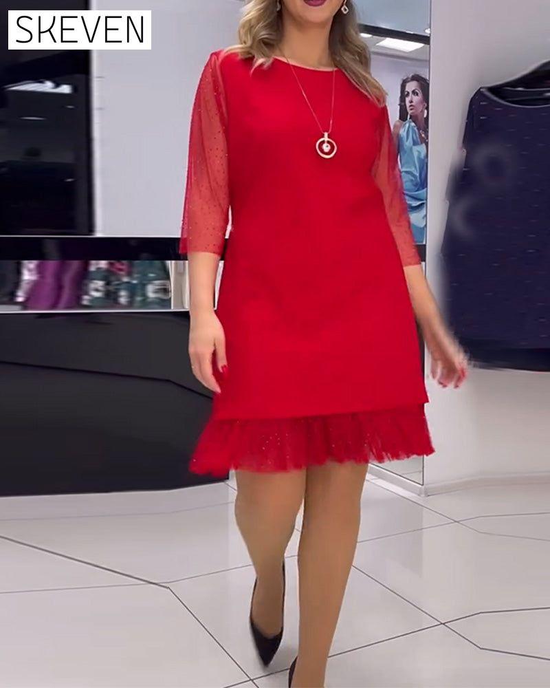 Solid color mesh stitching sequin dress