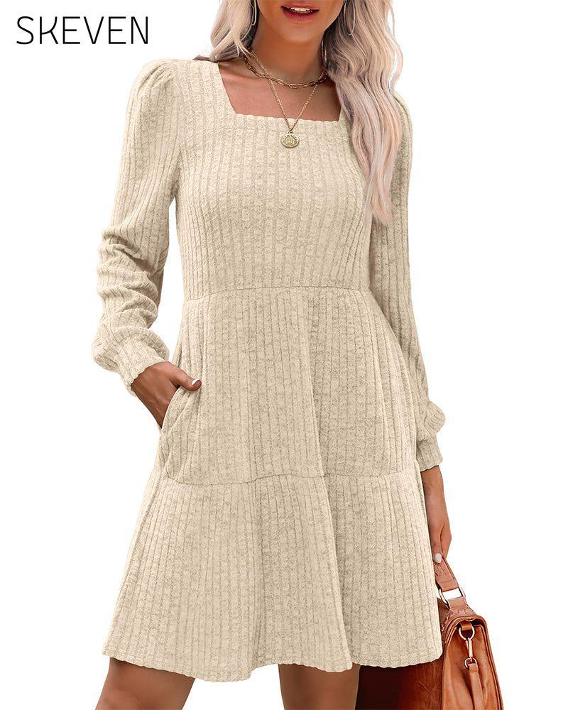 🍂2025 Autumn New Style⏰Women's Square Neck Lantern Sleeve Ribbed Dress