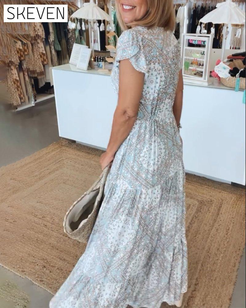 Vacation print V-neck split sleeve dress
