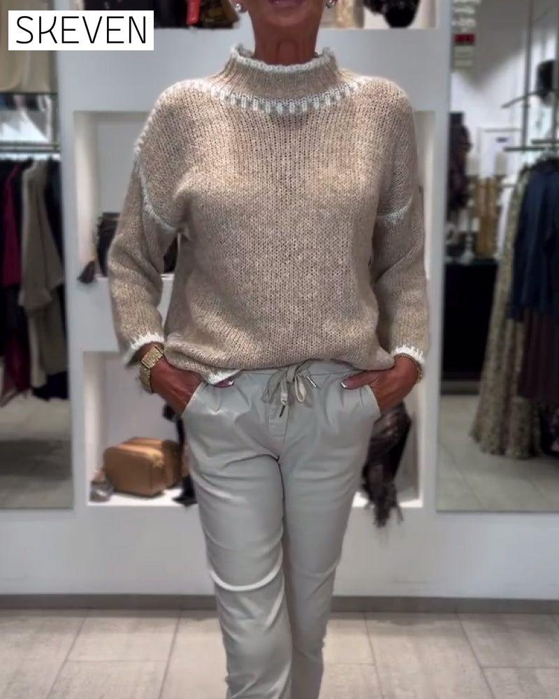 High-Neck Contrasting Color Versatile Pullover
