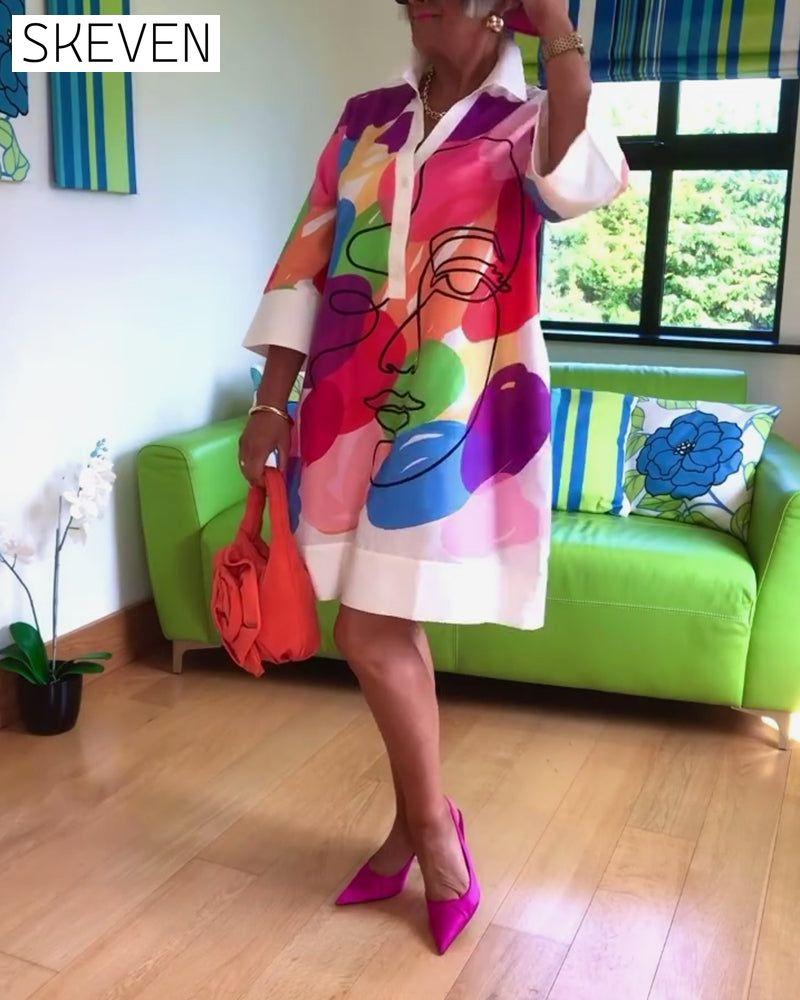 Lapel color portrait print dress