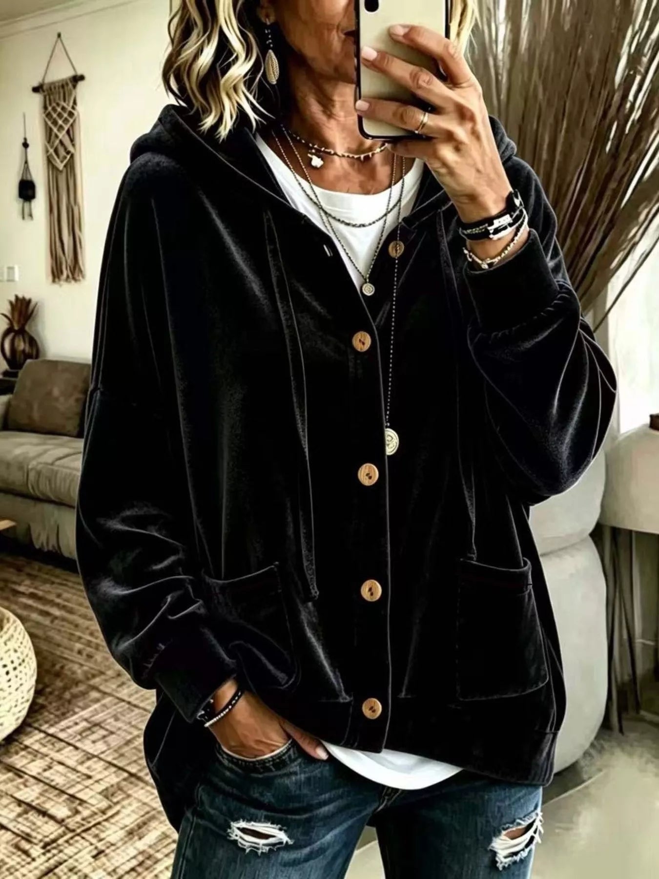 Full Size Casual Button-Down Hooded Outerwear Plus Size