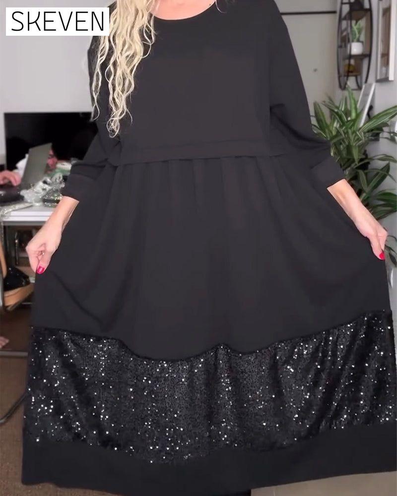 Round Neck Sequin Patchwork Loose Dress