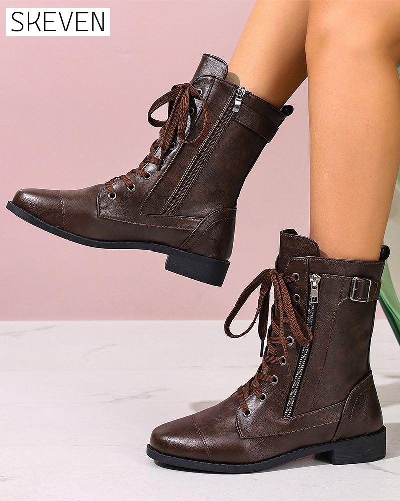 Women's Round Toe Side Zipper Leather Orthopedic Boots