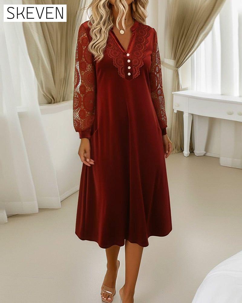 Lace Long-Sleeved V-Neck Velvet Dress