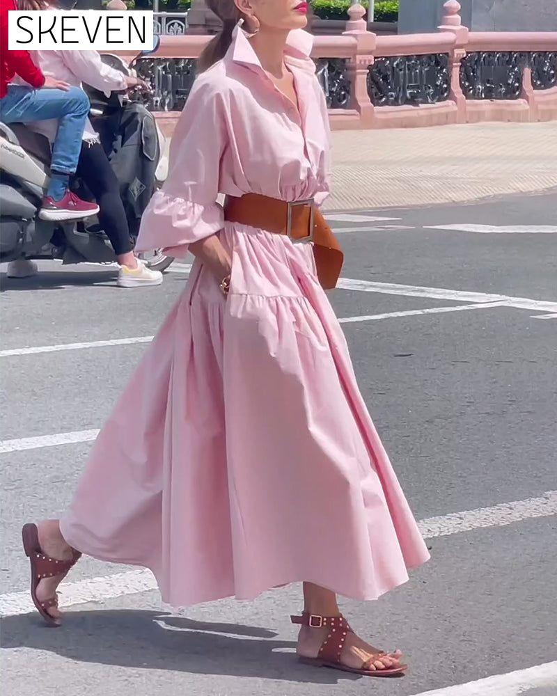 Solid color lapel wide swing dress 202466 casual dresses spring summer