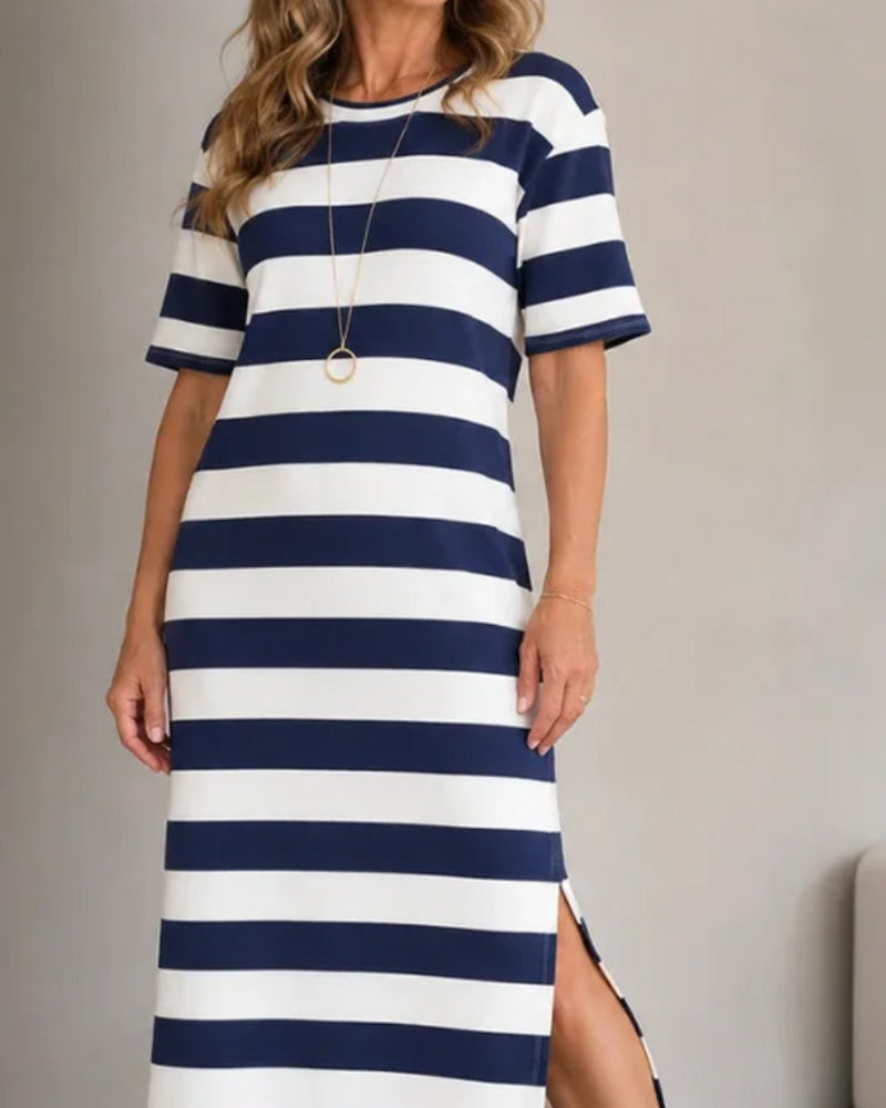 Striped Short Sleeve Slit Long T-Shirt Dress
