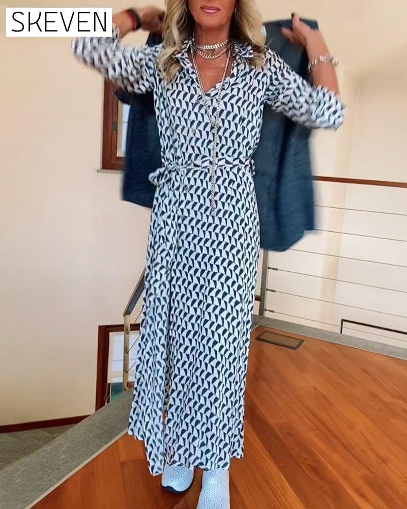 Geometric print lapel slit dress