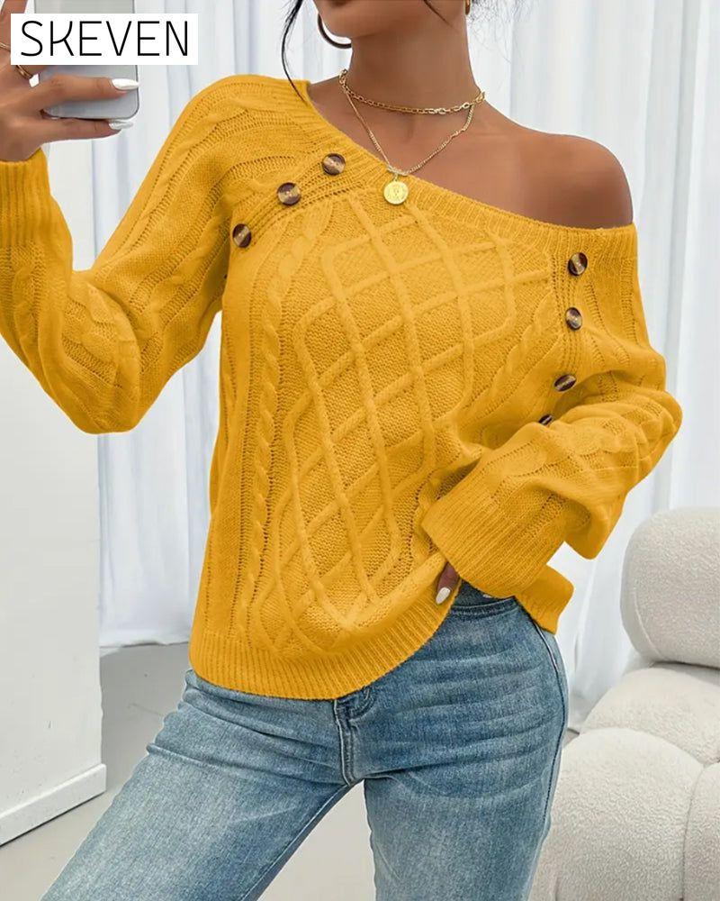 Solid Raglan Sleeve Buckle Cable Knit Jumper