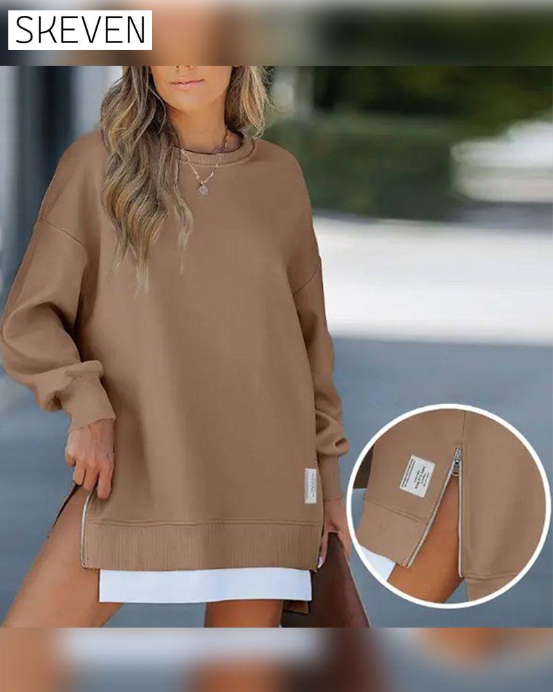 Long Sleeve Pullover Zipper Slit Casual Sweatshirt Dress