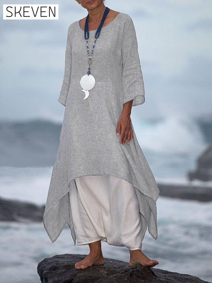 Casual Solid Resort Dress cotton linens