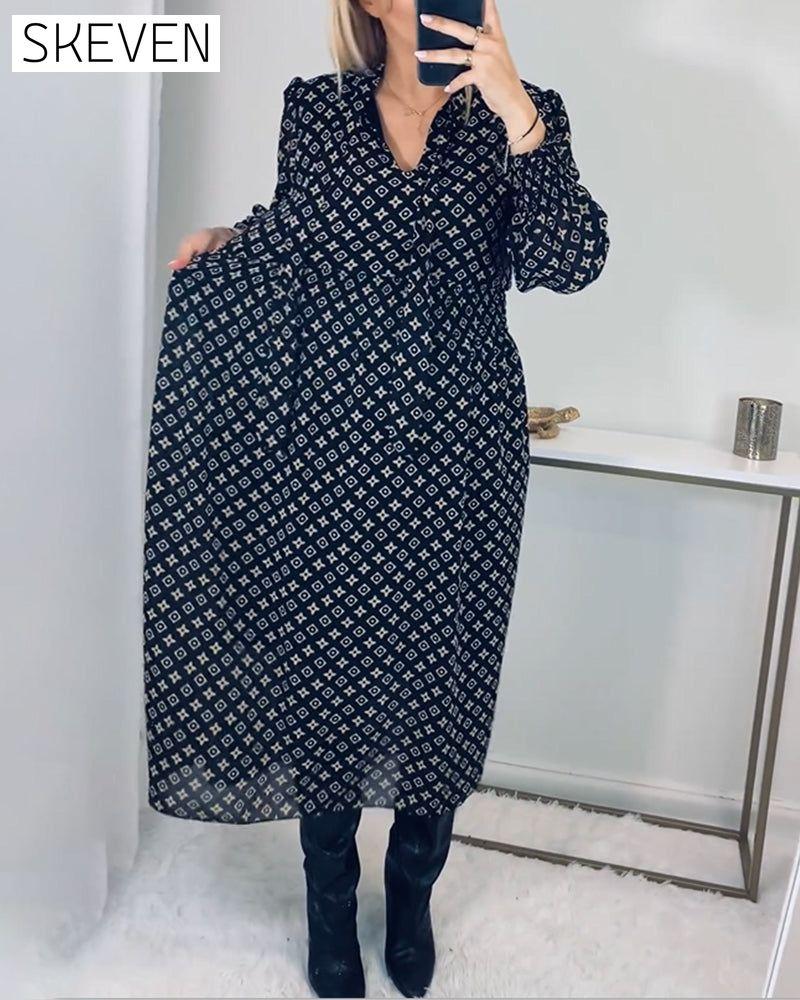 Printed long-sleeved waist dress
