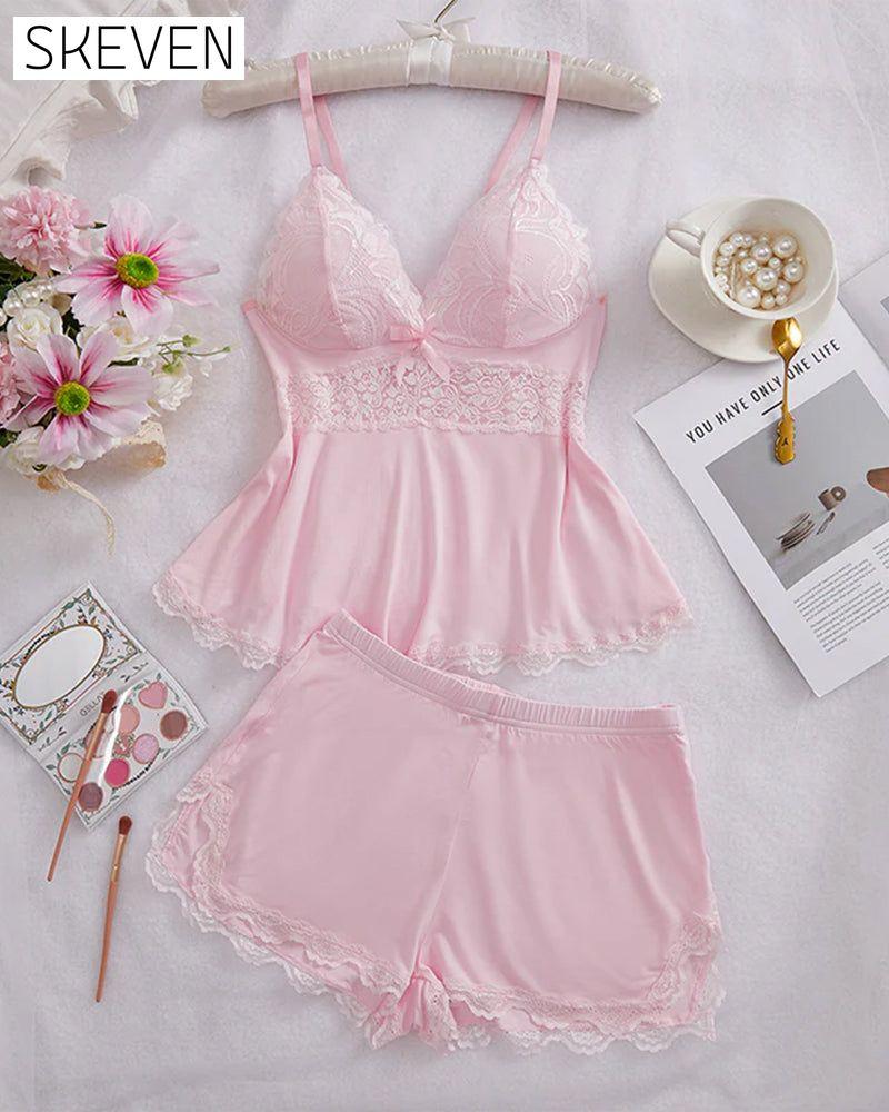 Schlafanzug-Set aus Spitzen-Top mit V-Ausschnitt und Shorts