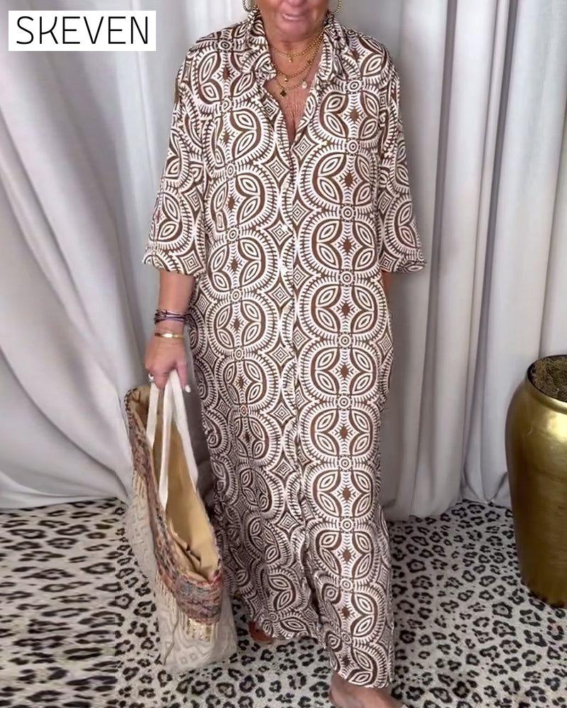 Vintage printed lapel pocket maxi dress
