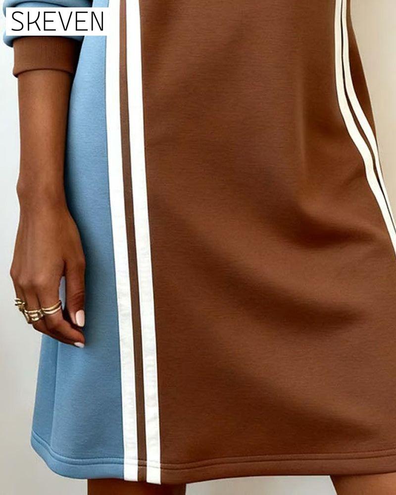 Long-Sleeved Color Block Round Neck Straight Dress
