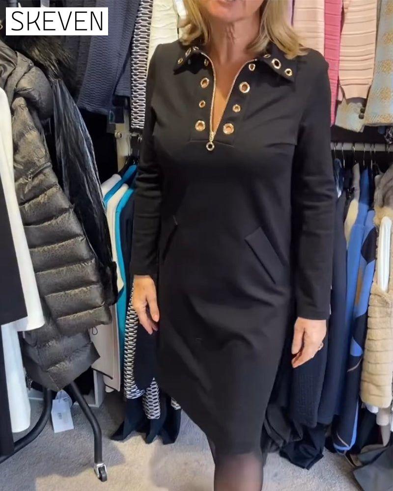 Kleid mit Reißverschluss am Revers und langen Ärmeln