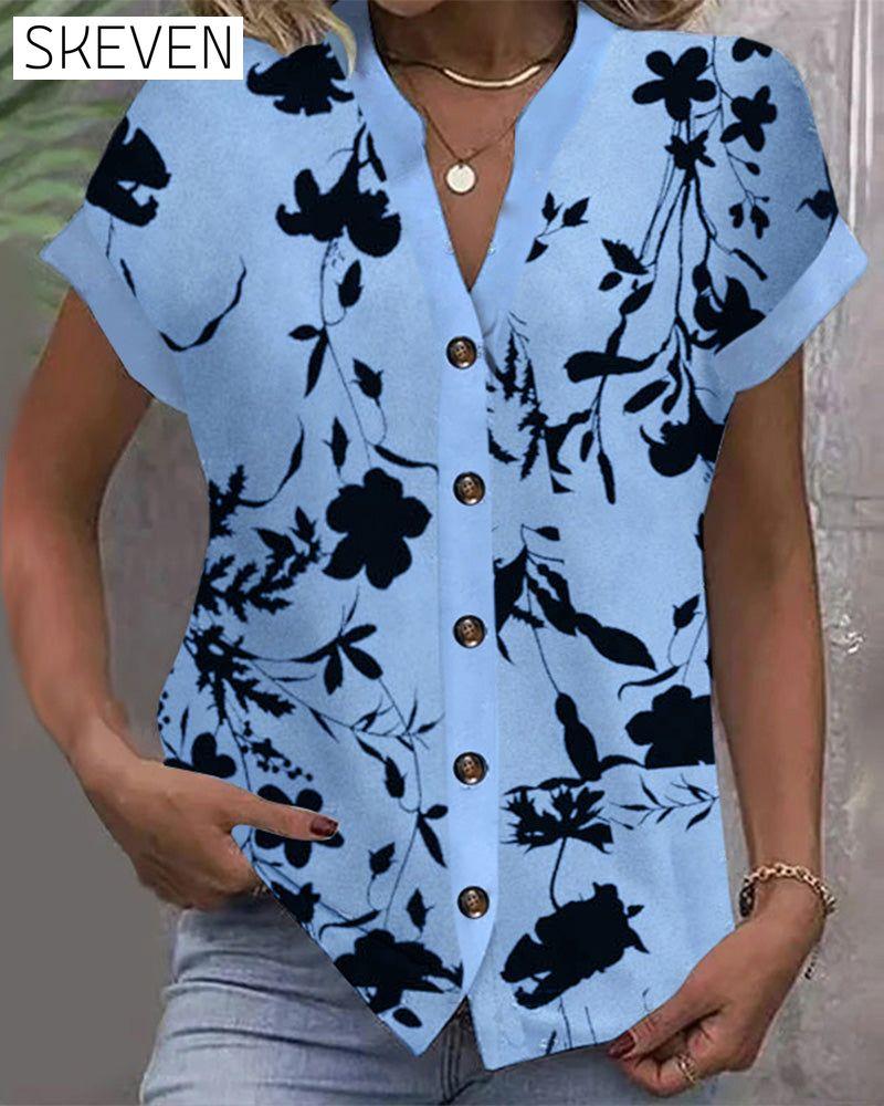 Casual Printed V-Neck Short Sleeve Shirt