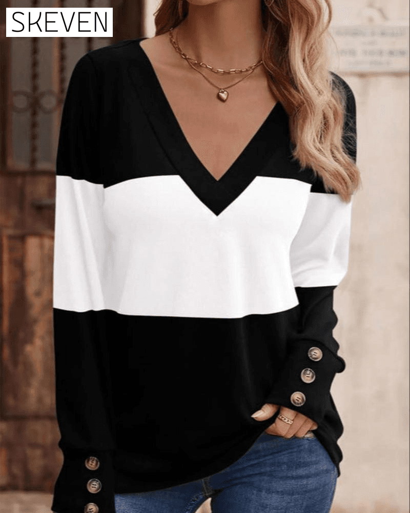 Women's Colorblock Print Button Decor Drop Shoulder Tee