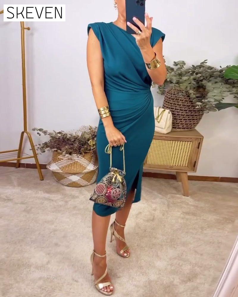 Robe plissée sans manches à fente, couleur unie