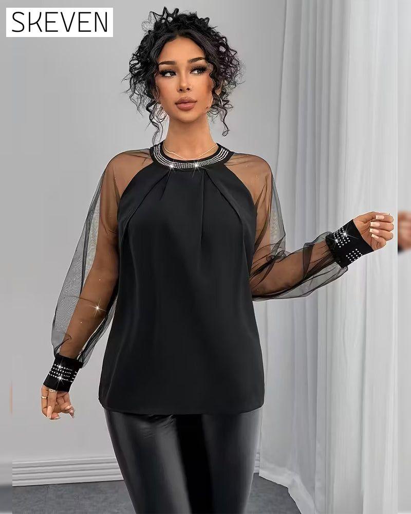 Modische, langärmelige Bluse aus Strass-Mesh