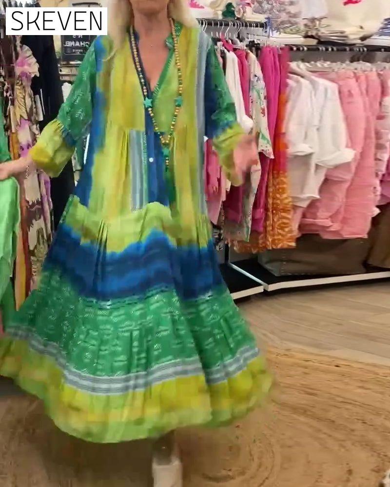 Printed casual V-neck flare sleeve long dress casual dresses spring summer vacation dresses