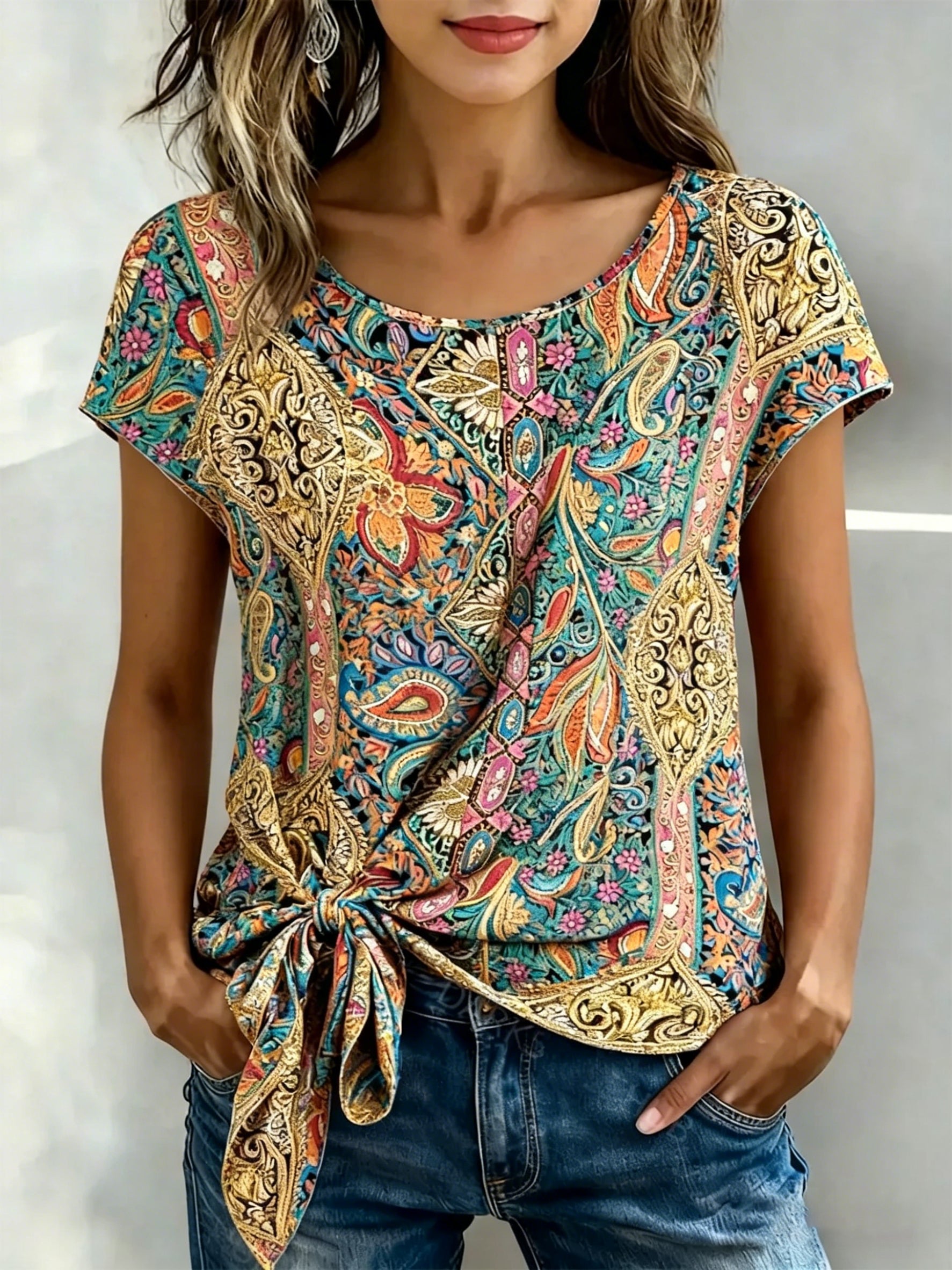 Print Short Sleeve Tie Front Blouse