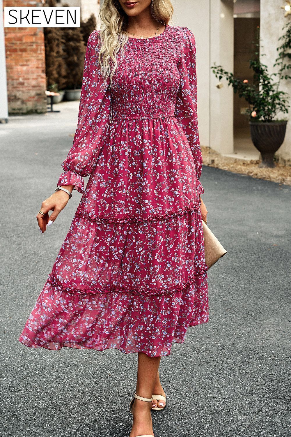 Smocked Flounce Sleeve Midi Dress Deep Rose clothes DY Ship From Overseas trendsi