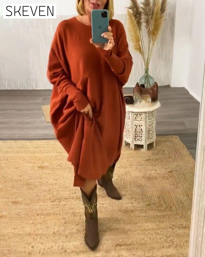 Solid color bat sleeve sweater dress