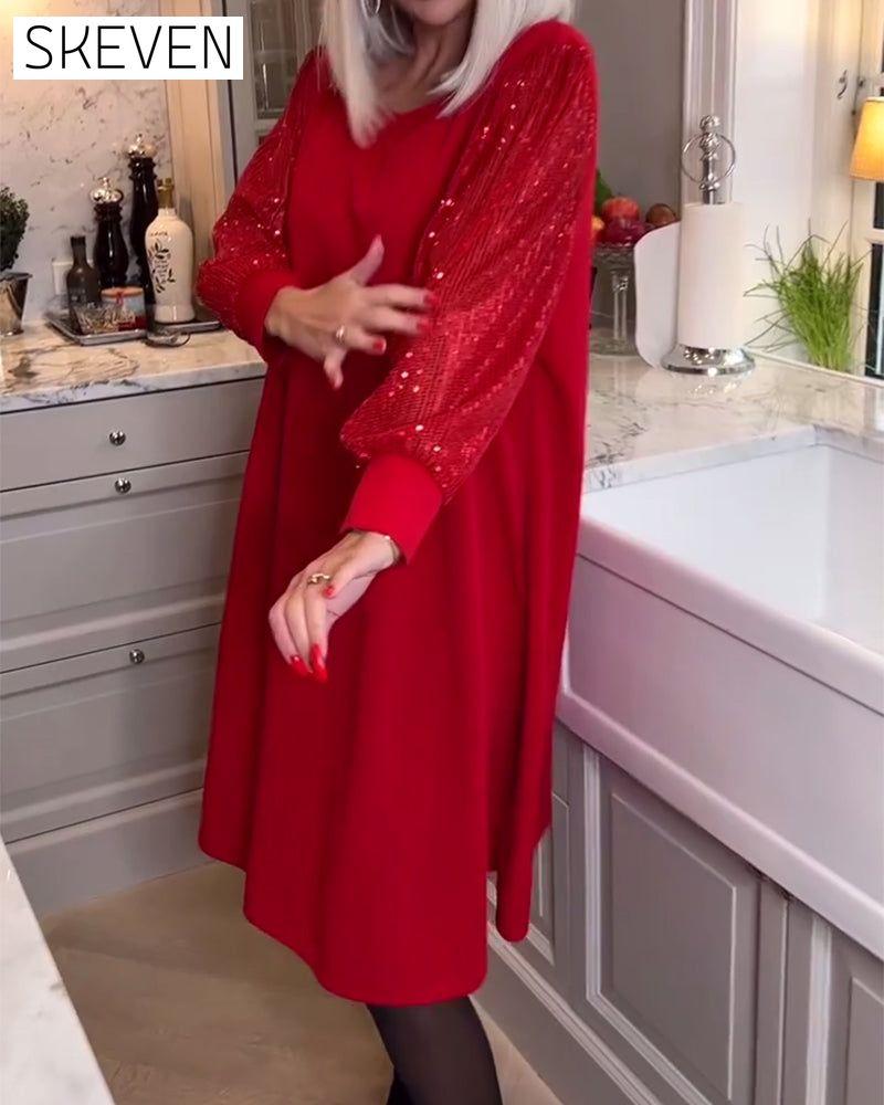 Fashionable solid color sequin patchwork long-sleeve dress