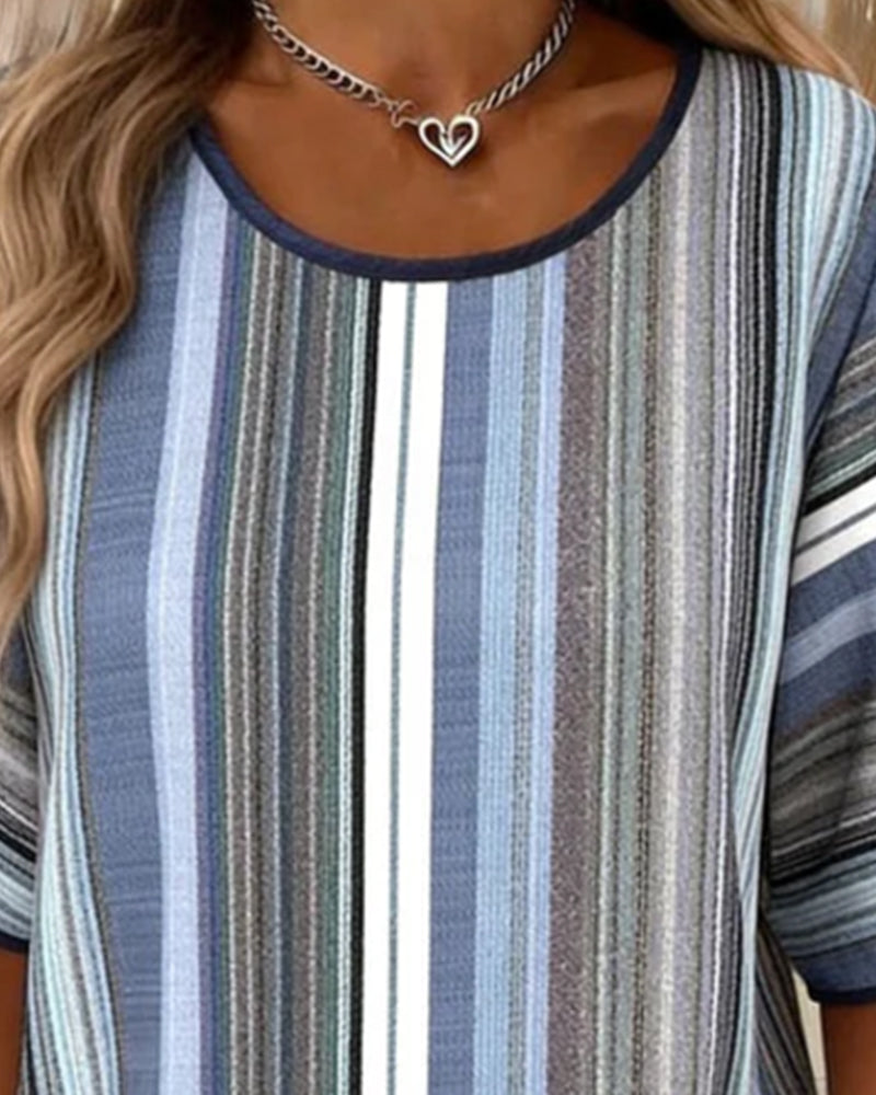 Crew Neck Striped Color-Block Blouse