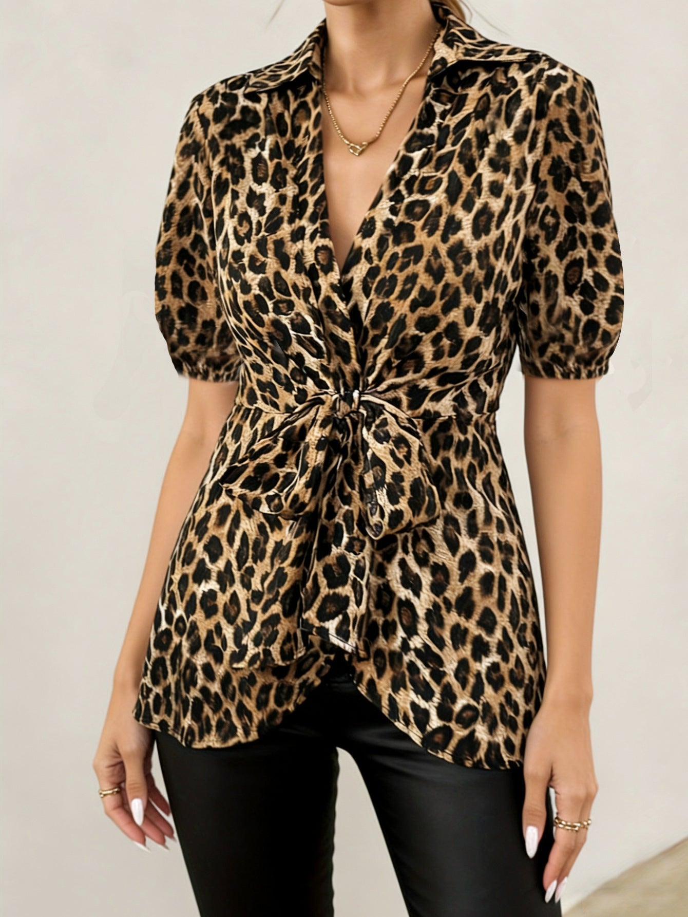 Womens Short-sleeved Lace-up Top Leopard-print Blouse