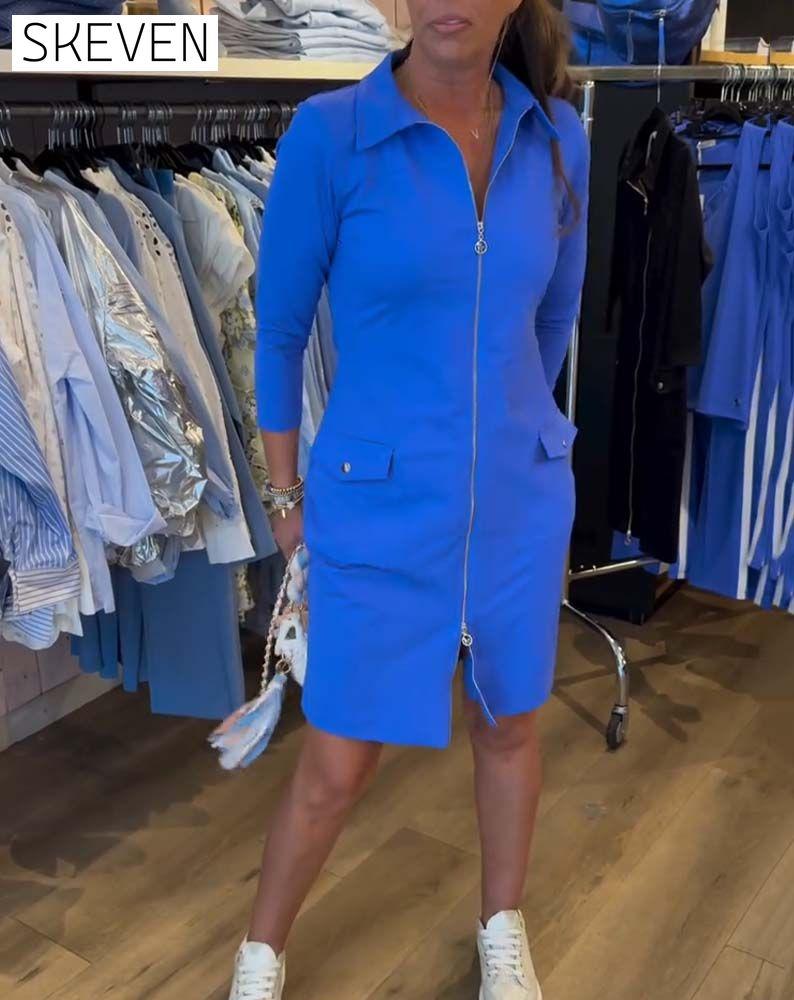 Robe unie à revers et fermeture éclair, manches longues