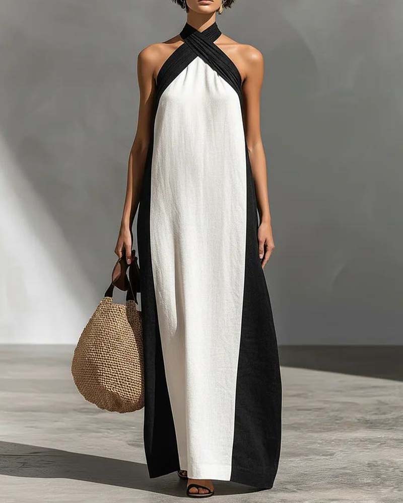 Cross Neck Contrast Color Chic Dress