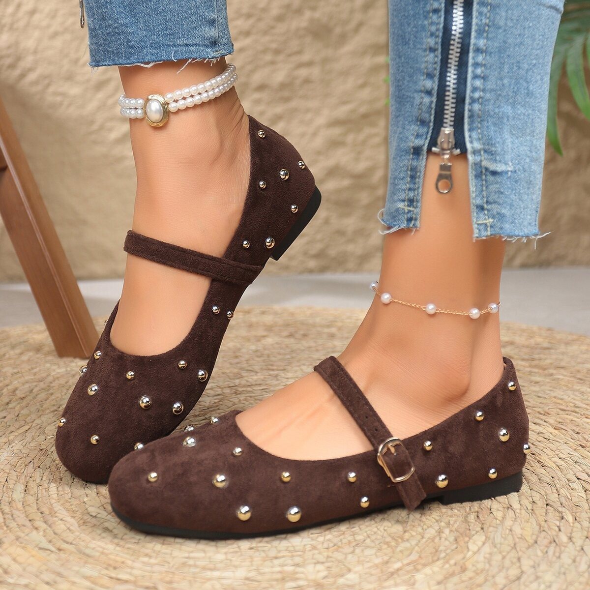 Mary Jane Womens French-style Rivet-studded Round-toe Flat Shoes