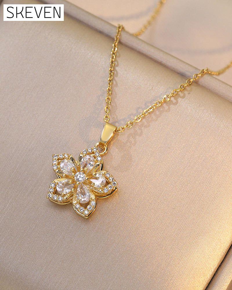 Five-petal flower 360° rotating pendant necklace