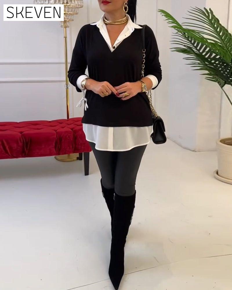 Reverskragen-Top mit schwarz-weißem Patchwork-Muster
