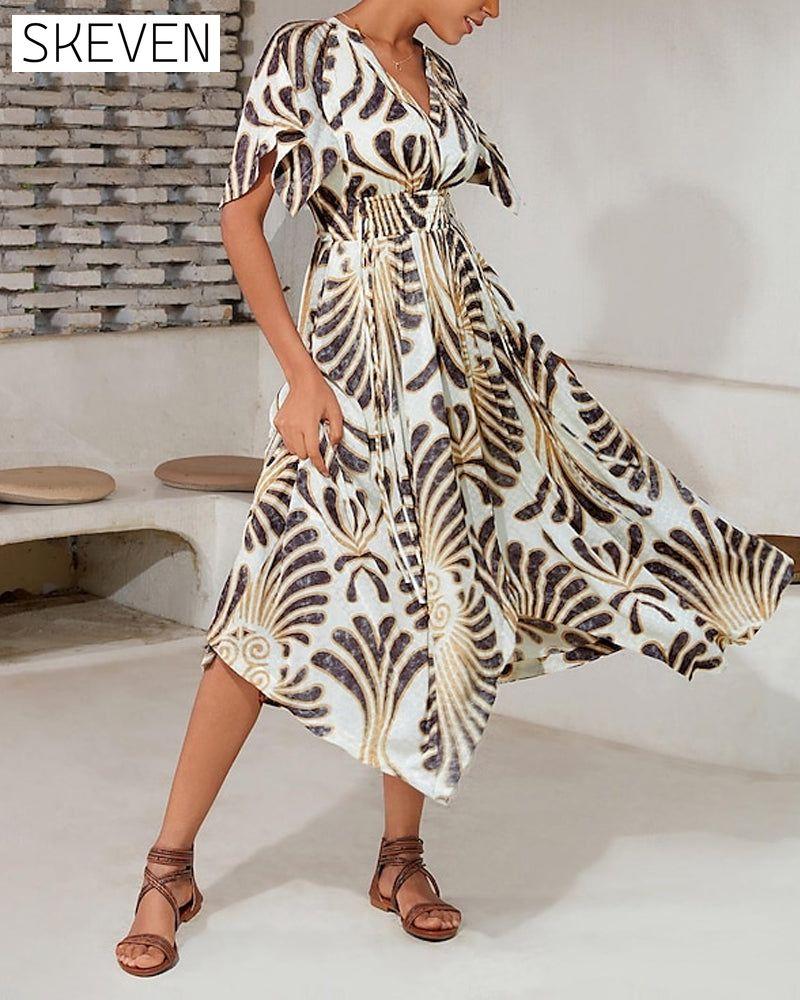 Printed V-neck irregular elegant dress