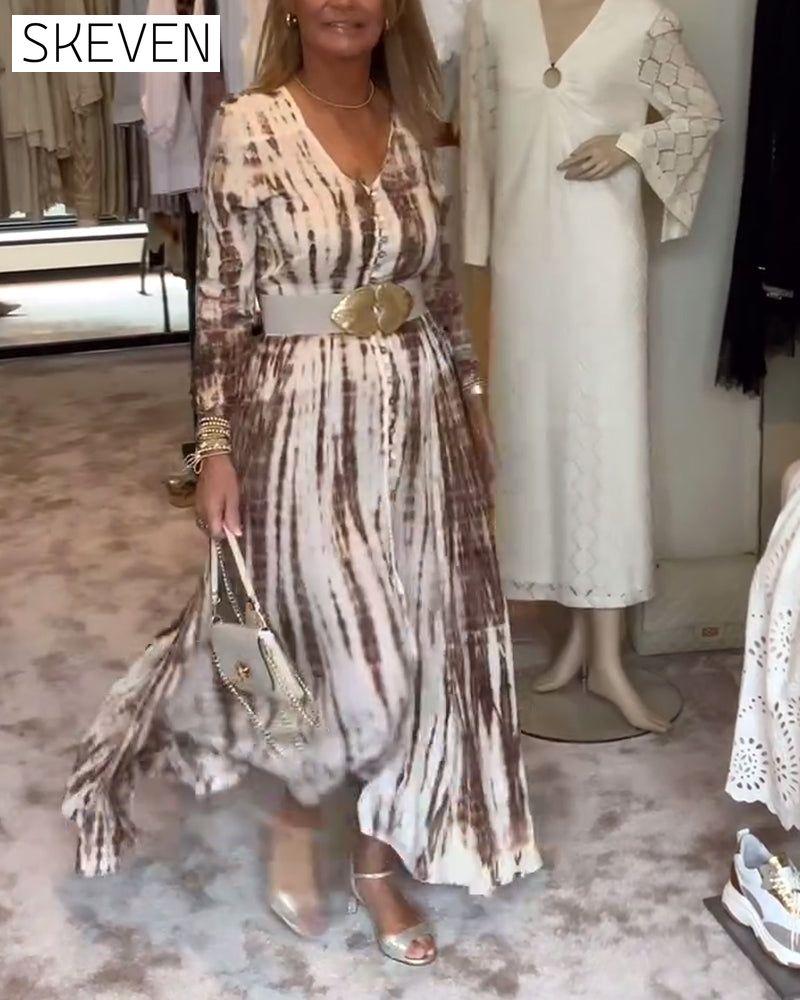 Printed long-sleeve V-neck slit waist dress