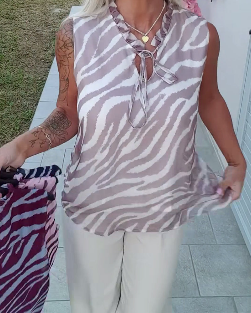 Zebra Print Sleeveless Ribbon Collar Blouse