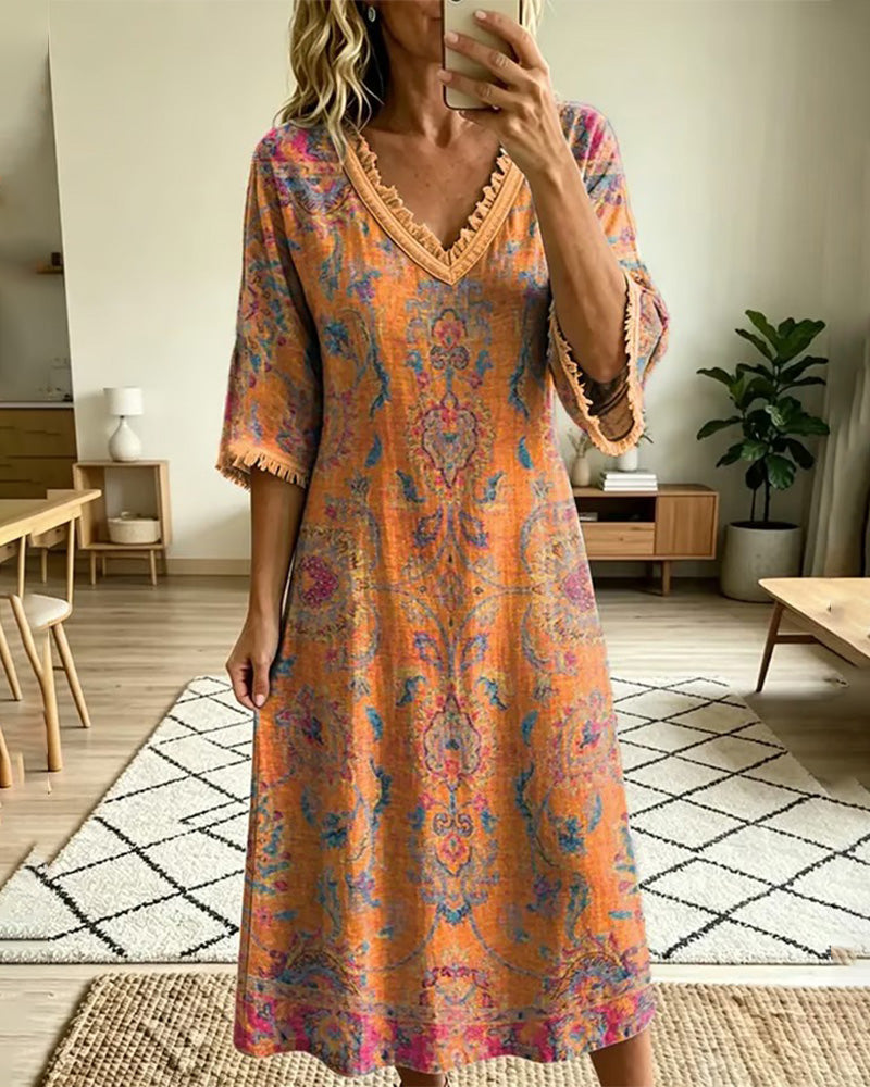 Vintage V-Neck Floral Print Dress