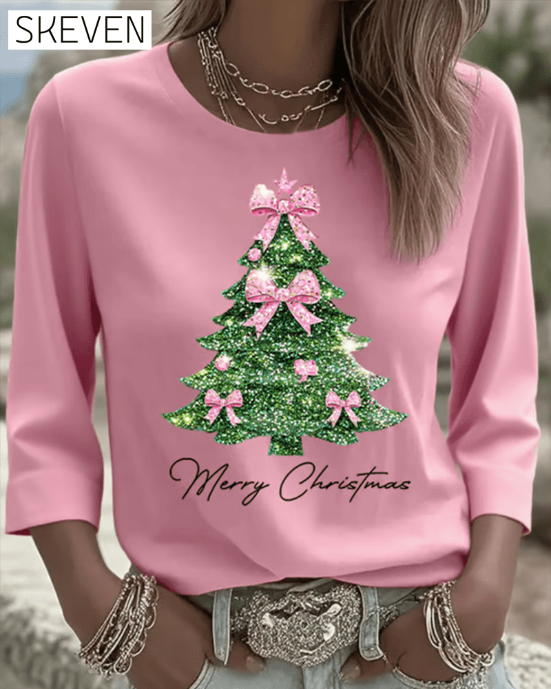 Three-Quarter Sleeve Christmas Print Top