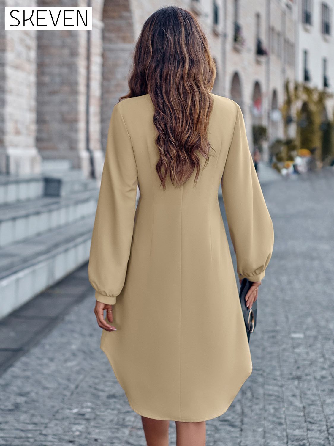 Notched Neck Long Sleeve Dress casual dresses clothes dress dresses long sleeve dress long sleeve dresses S.N Ship From Overseas short dresses trend