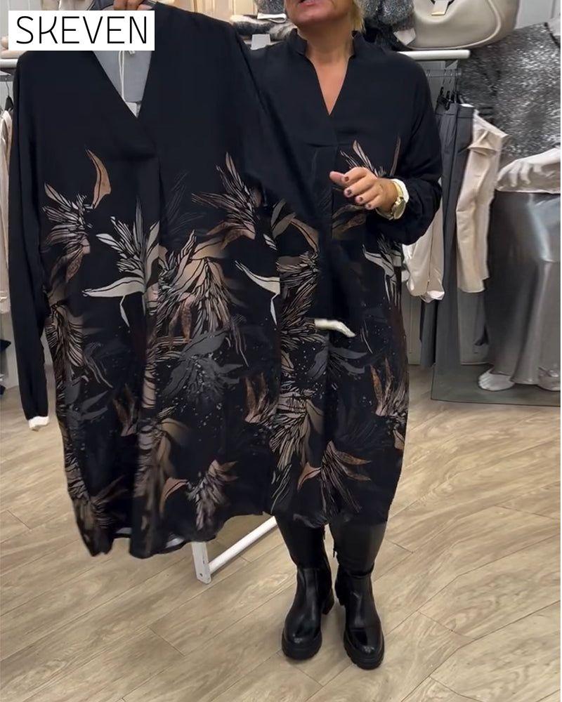 V-Neck Leaf Print Long-Sleeved Dress